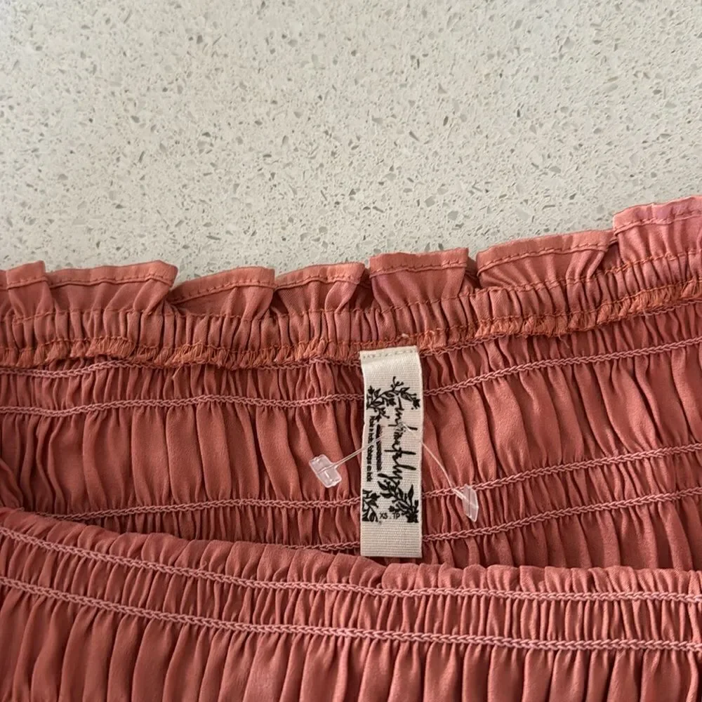 NWOT Free People Be Right Back Tube Smocked Ruffled Rose Gold Strapless Shiny